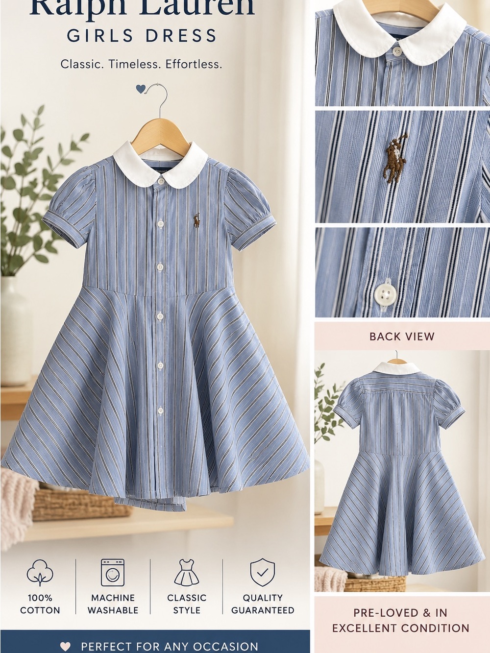 Ralph Lauren Blue and White Striped Cotton Fit-and-Flare Dress